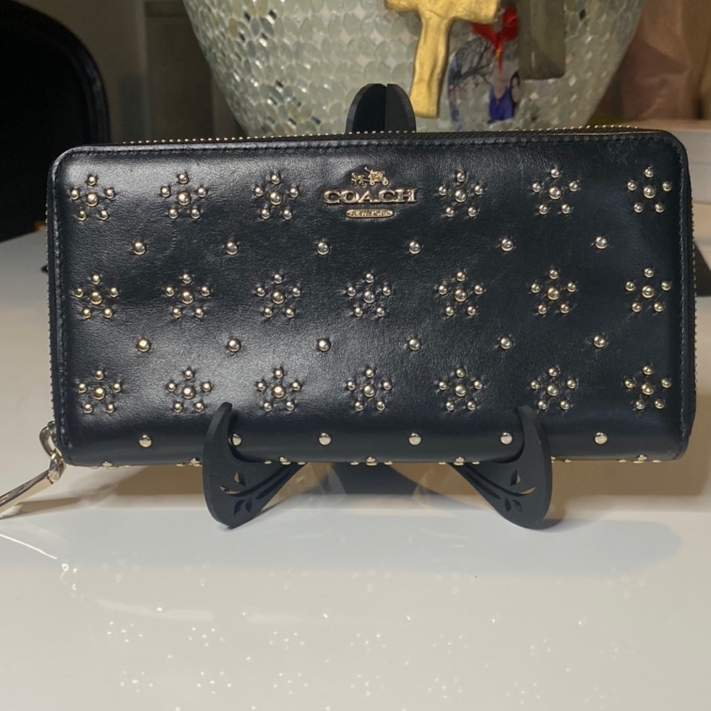 Coach Black Leather Wallet with gold stud Design